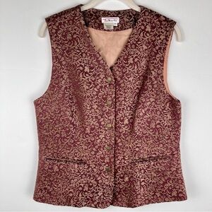 VTG Talbots Brocade Vest Women’s Size 8 Buttons Burgundy Tan Rayon Blend Lined
